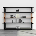 Modern Black And Wood Shelving Unit With Multiple Tiers And Decorative Items