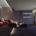Modern Home Theater Interior Design With Comfortable Sofas Large Screen Wall Lights And Shelves 3d model