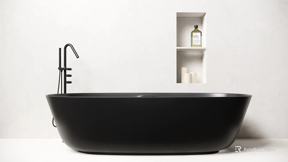 Black Bathtub With Black Faucet And Wall Niche Holding Oil Bottle And Candles 3d model 