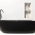 Black Bathtub With Black Faucet And Wall Niche Holding Oil Bottle And Candles