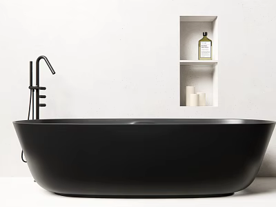 Black Bathtub With Black Faucet And Wall Niche Holding Oil Bottle And Candles 3d model