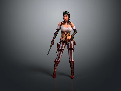 Steampunk Female Character In Striped Outfit With Weapon And Utility Belt Boots 3d model