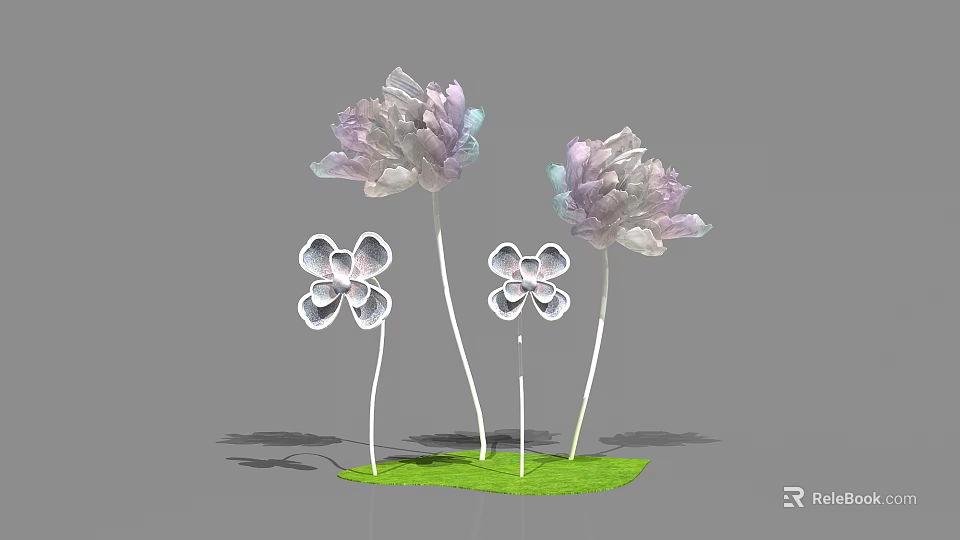 Floral Display With Large Purple White Gradient Flowers Small White Four Petal Blooms Slender Stems 3d model 