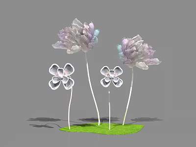 Floral Display With Large Purple White Gradient Flowers Small White Four Petal Blooms Slender Stems 3d model