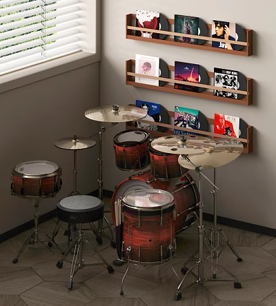 Modern Wooden Drum Set in Room Corner with Vinyl Records on Wall Shelves 3d model