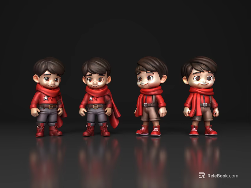 Four Cartoon Characters in Red Tops Capes and Shoes with Different Poses on Dark Background 3d model 