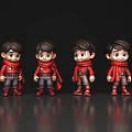 Four Cartoon Characters in Red Tops Capes and Shoes with Different Poses on Dark Background
