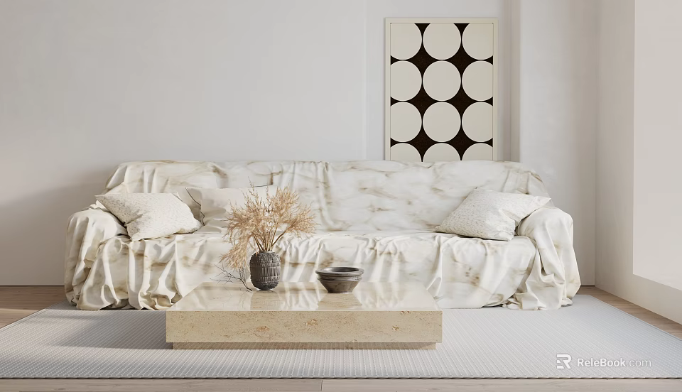 Minimalist Modern Sectional Sofa With Marble Texture Cover Pillows Coffee Table Vase And Geometric Art 3d model 