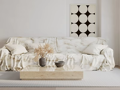 Minimalist Modern Sectional Sofa With Marble Texture Cover Pillows Coffee Table Vase And Geometric Art 3d model