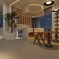 Modern Café Interior Design With Stone Countertop Wooden Shelves Hanging Lights And Wine Bottles