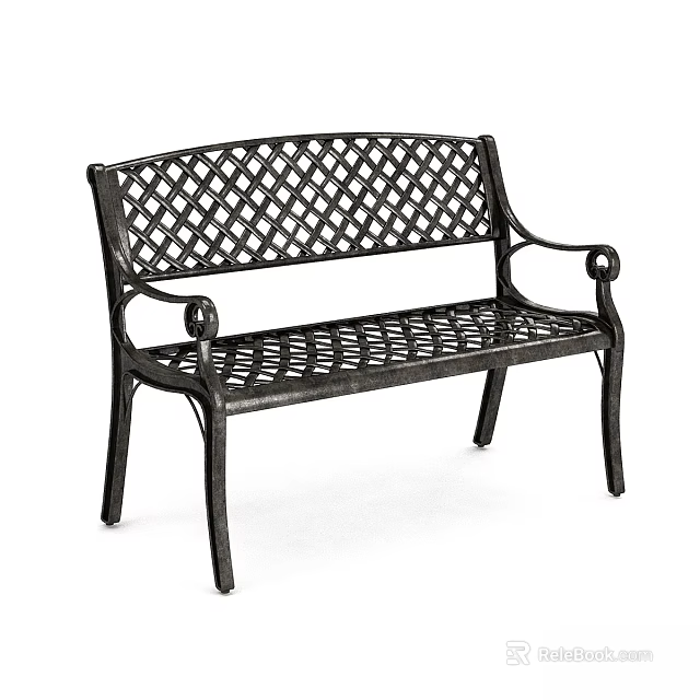 Ground Featuring Black Wrought Iron Bench With Lattice Design And Armrests 3d model 