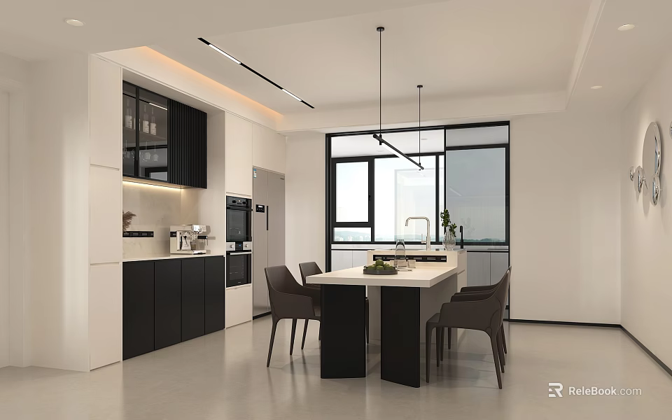 Modern Restaurant Interior With Open Kitchen Dining Table Chairs And Pendant Lights 3d model 