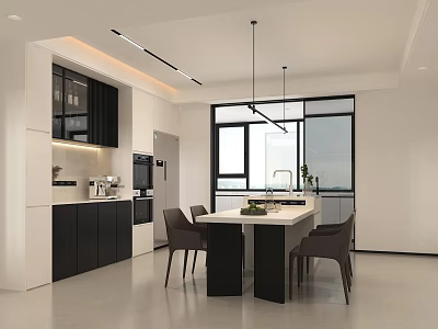 Modern Restaurant Interior With Open Kitchen Dining Table Chairs And Pendant Lights 3d model