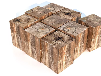 Multiple Cube Shaped Wooden Stools Featuring Natural Tree Stump Growth Ring Texture 3d model