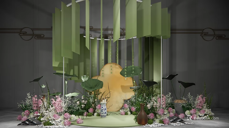 Elegant Decorative Scene With Green Hanging Panels Lotus Elements Pink Flowers And Circular Platform 3d model 