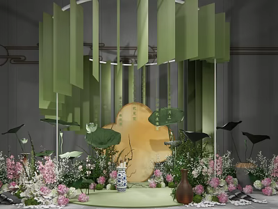 Elegant Decorative Scene With Green Hanging Panels Lotus Elements Pink Flowers And Circular Platform 3d model