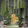Elegant Decorative Scene With Green Hanging Panels Lotus Elements Pink Flowers And Circular Platform