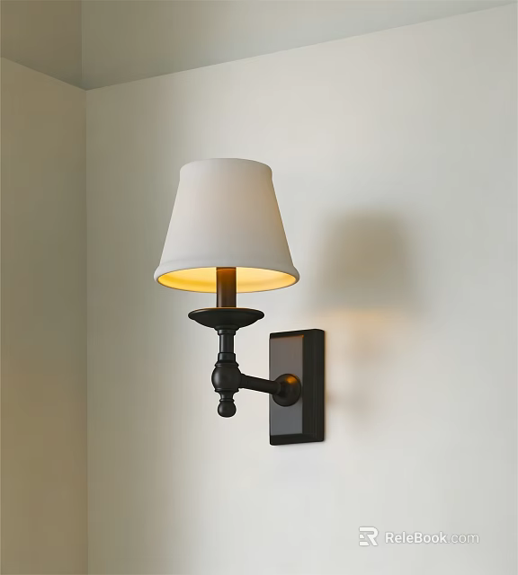 Modern Wall Lamp With White Fabric Shade And Black Metal Base For Home Lighting 3d model 