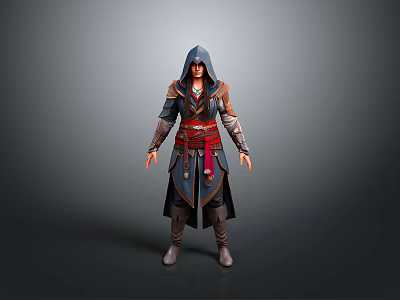 Man in Hooded Assassin Style Coat With Red Sash And Armored Details 3d model