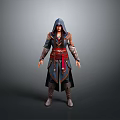 Man in Hooded Assassin Style Coat With Red Sash And Armored Details