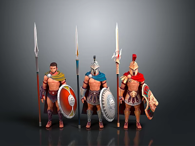 Three Ancient Warriors Standing With Spears Shields And Helmets On Gray Background 3d model