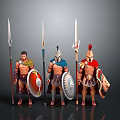 Three Ancient Warriors Standing With Spears Shields And Helmets On Gray Background 3d model