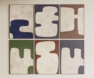 Six Abstract Paintings In Grid Arrangement With Organic Curves And Soft Tones 3d model