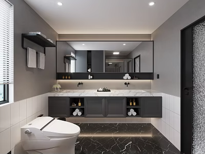Elegant Modern Bathroom Interior With Large Mirror Marble Vanity And Cabinets 3d model