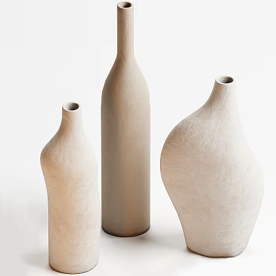 Minimalist Beige Ceramic Vases With Textured Surface And Various Shapes On White Background 3d model