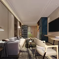 Modern Living and Dining Room Interior with Sofa Coffee Table Bookshelf and Pendant Light
