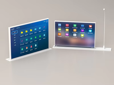 Modern Computer Monitors Display Multiple App Icons On White Stands 3d model