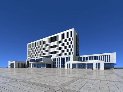 Modern Office Building Exterior With White Facade Glass Curtain Walls And Spacious Plaza 3d model