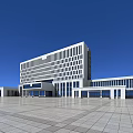 Modern Office Building Exterior With White Facade Glass Curtain Walls And Spacious Plaza