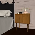 Brown Wooden Nightstand With White Vase Flowers And Metal Decor By Bed