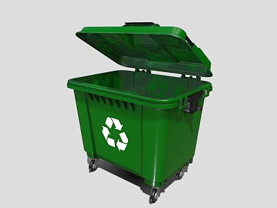 Green Public Recycling Trash Bin with Open Lid and Wheels 3d model