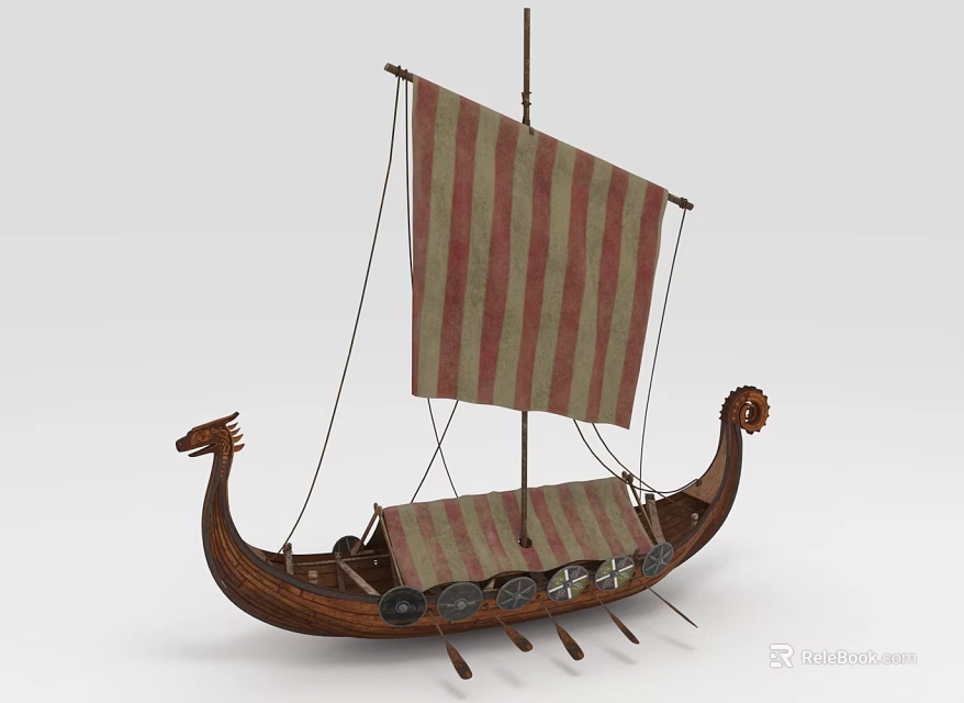 Vintage Wooden Viking Sailboat With Dragon Headed Prow Striped Sail And Shield Decorations 3d model 