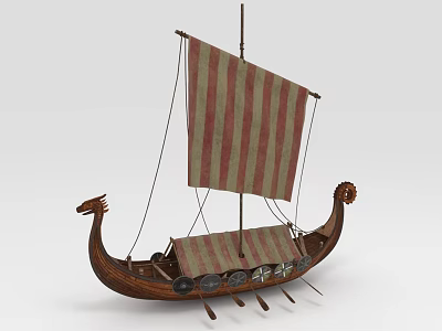 Vintage Wooden Viking Sailboat With Dragon Headed Prow Striped Sail And Shield Decorations 3d model