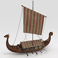 Vintage Wooden Viking Sailboat With Dragon Headed Prow Striped Sail And Shield Decorations