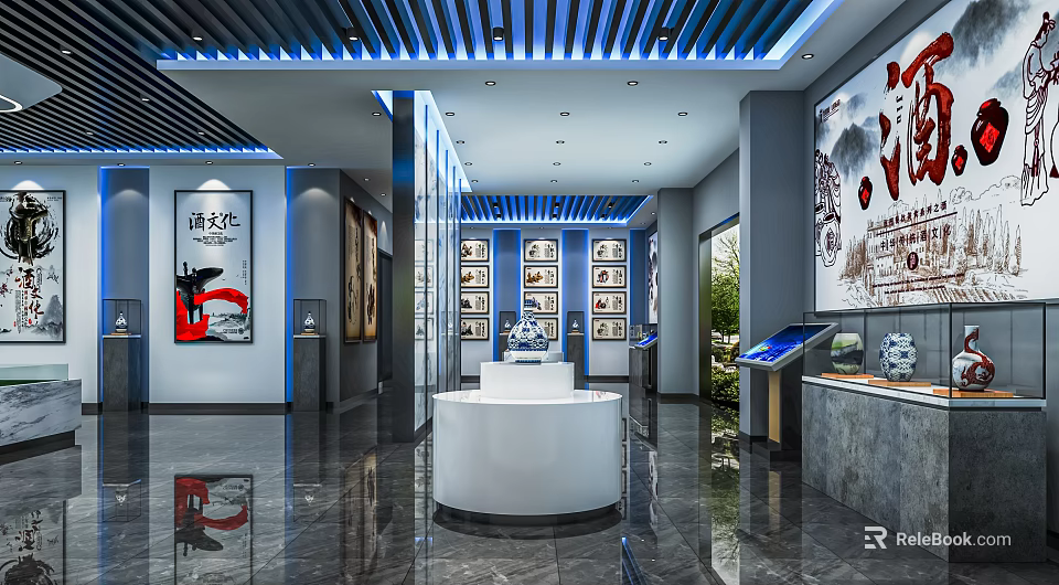 Modern Exhibition Hall Interior With Display Cabinets Artworks Round Podium Blue Lighting And Marble Flooring 3d model 