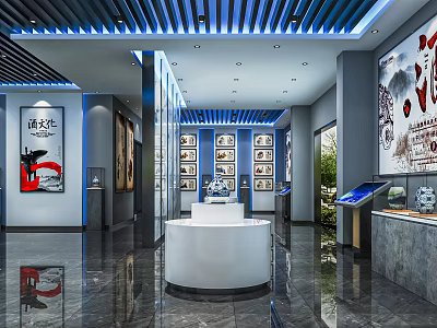 Modern Exhibition Hall Interior With Display Cabinets Artworks Round Podium Blue Lighting And Marble Flooring 3d model