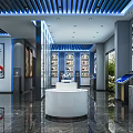 Modern Exhibition Hall Interior With Display Cabinets Artworks Round Podium Blue Lighting And Marble Flooring
