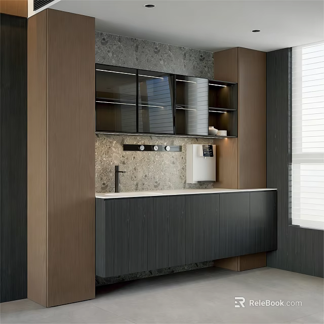 Modern Wooden Sideboard Interior With Marble Countertop And Glass Door Cabinets 3d model 
