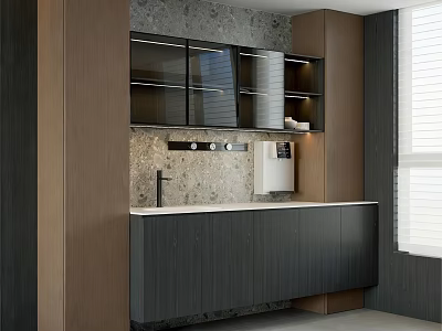 Modern Wooden Sideboard Interior With Marble Countertop And Glass Door Cabinets 3d model