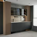 Modern Wooden Sideboard Interior With Marble Countertop And Glass Door Cabinets