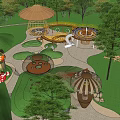 Fun Children's Playground With Mushroom Shaped Shelters Slide And Climbing Nets On Green Grass
