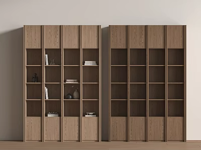 Modern Wooden Storage Cabinets Two Side By Side With Multiple Compartments And Items Inside 3d model