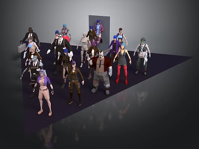 Various Styled 3D Characters Standing Together In Group Scene With Diverse Outfits 3d model