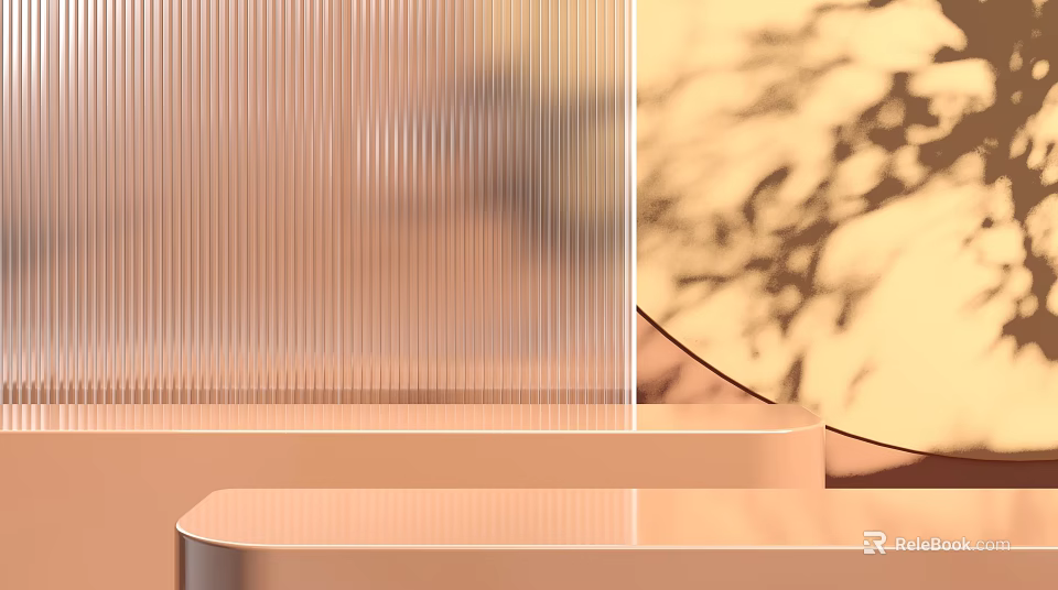 Warm Tone Metallic Display Shelves With Vertical Striped Transparent Glass And Marble Background 3d model 