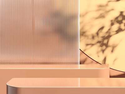 Warm Tone Metallic Display Shelves With Vertical Striped Transparent Glass And Marble Background 3d model