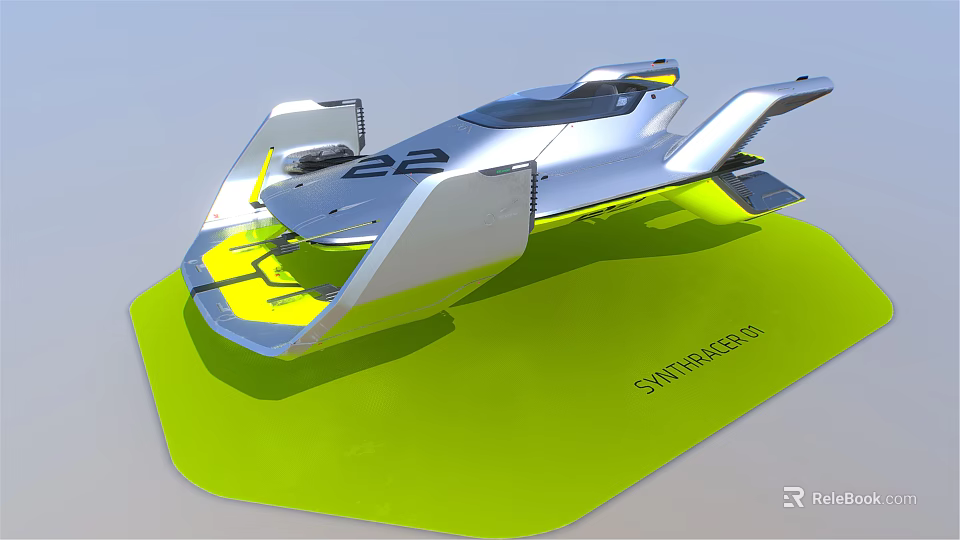 Futuristic Aerodynamic Silver Vehicle Model Display With Yellow Accents And Green Base 3d model 